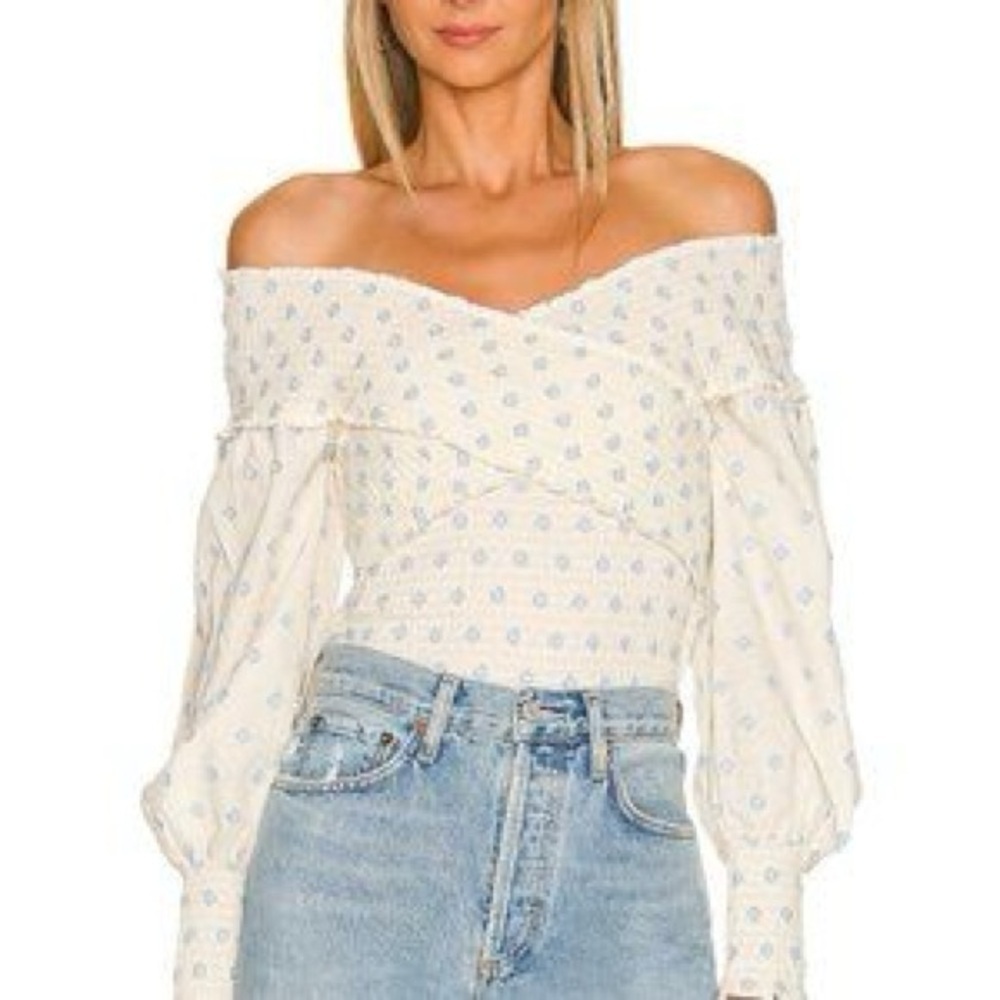 BB Dakota‎ by Steve Madden Cream Smocked Blouse with Blue Patterns - Size S NWT